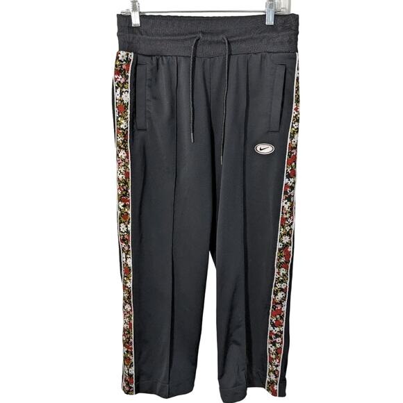 Nike Floral Stripe Trimmed Nylon Track Pants Black Size Medium - Picture 1 of 6